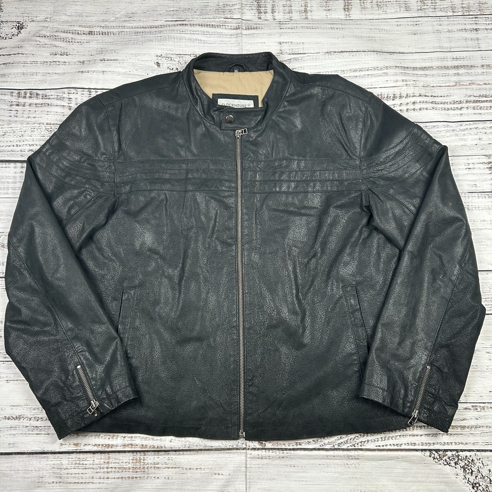 VTG Men's Black Suede Moto Jacket Striped Pig Split Leather Clock House Coat XL